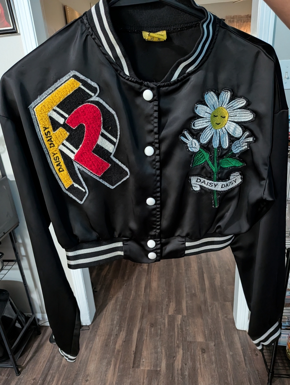 Daisy Black Satin Varsity Jacket with Daisy Patch